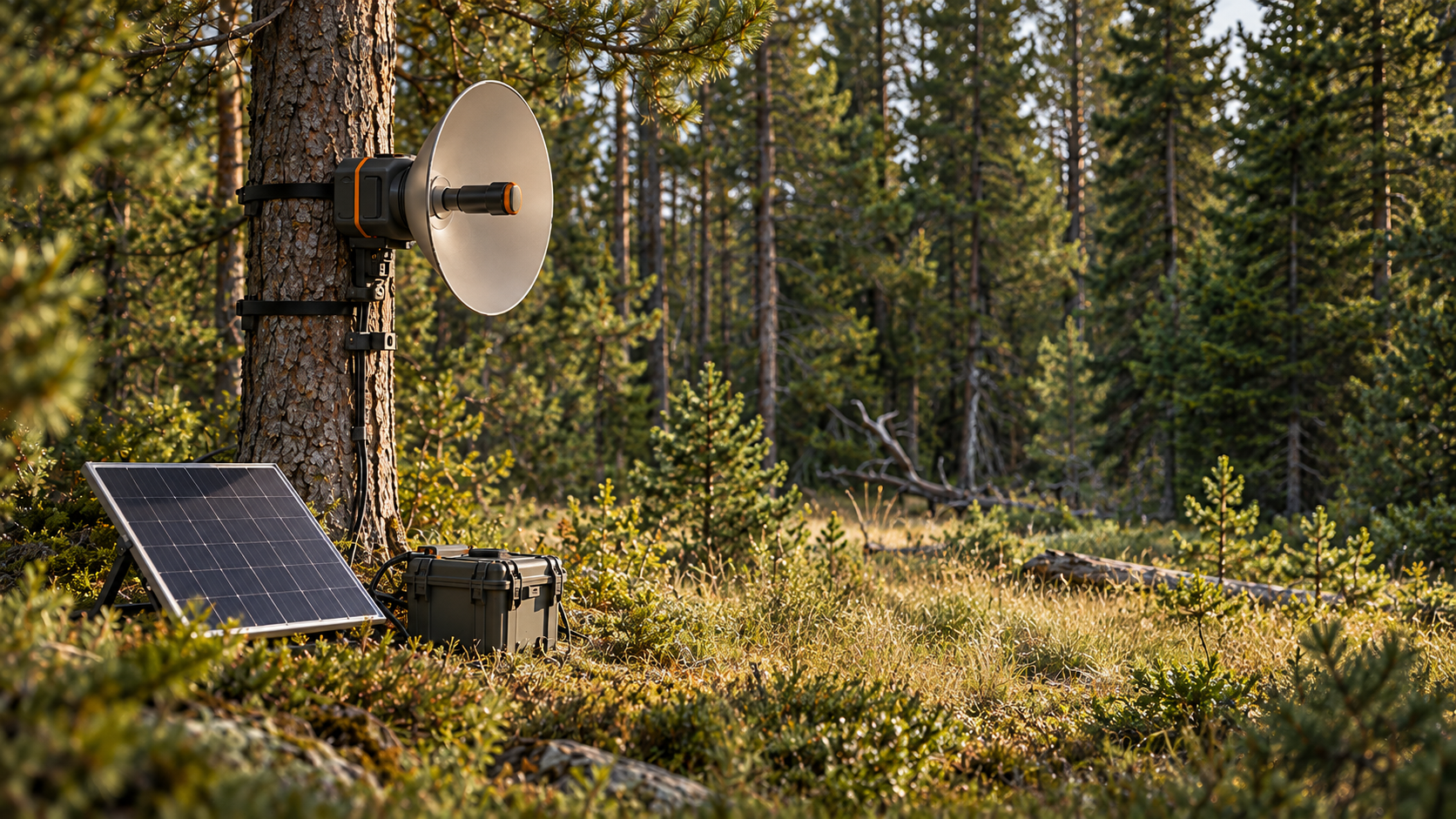 Illustrative render of a solar-powered acoustic sensor on a tree in a forest